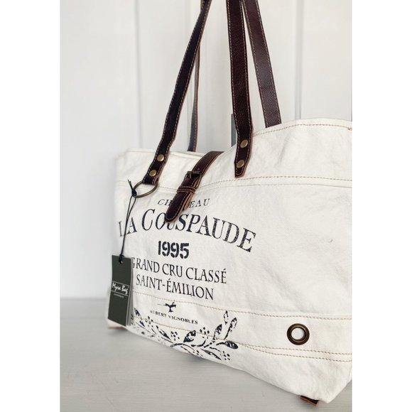 Myra Upcycled Canvas and Leather Vintage Style Tote Bag - Picture 4 of 11